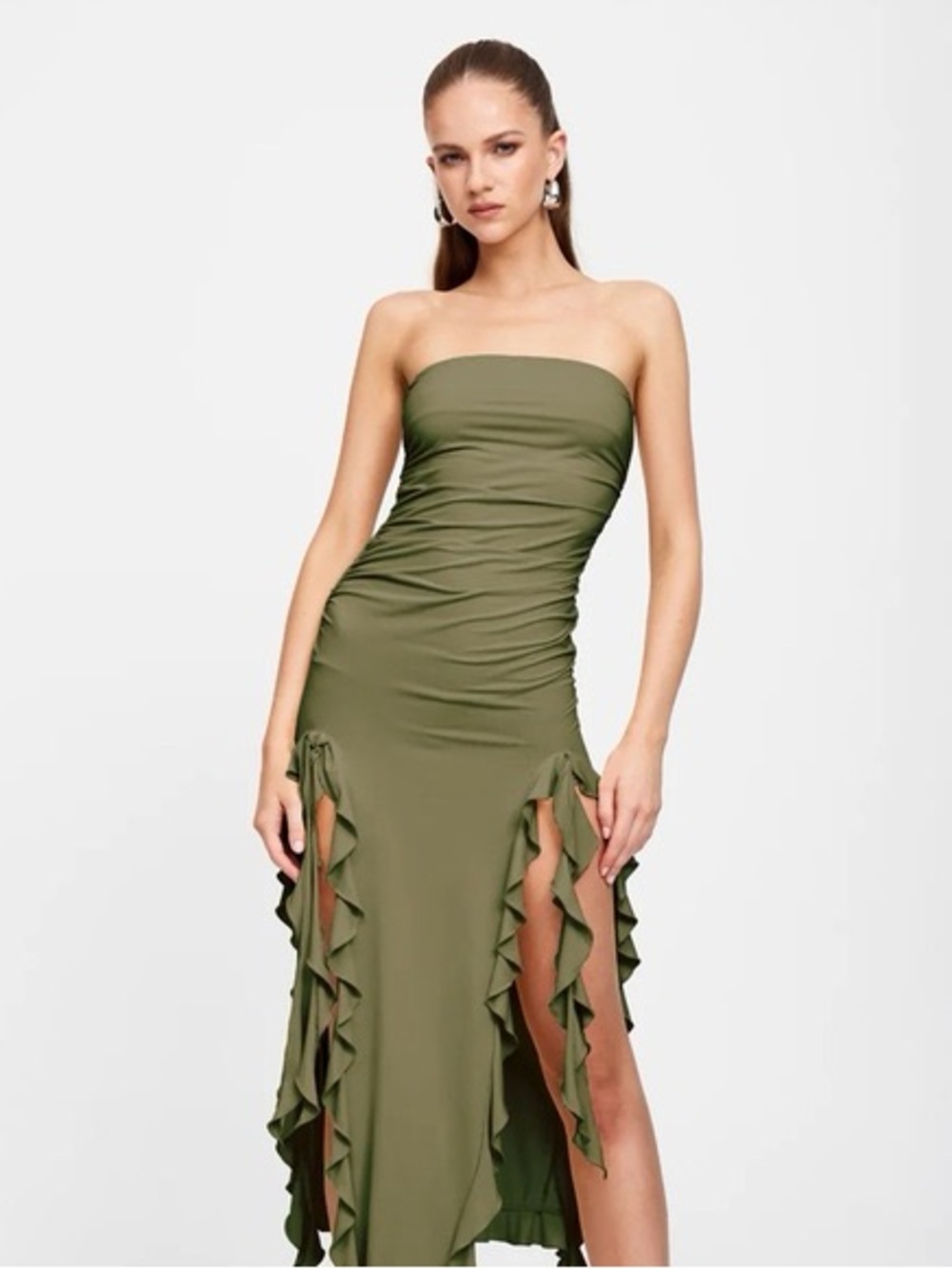 Lioness Olive Strapless Ruffle Split Midi Dress